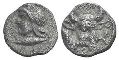 Mysia, Kyzikos AR Hemiobol. Mysia, Kyzikos AR Hemiobol. c. 410-400. Head of Attis l., wearing Phrygian cap; tunny below / Bull’s head r. Von Fritze II 23; SNG vA 7336; Klein 268. 0.35g, 7mm, 9h. Toned