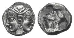 Mysia, Lampsakos AR Diobol. Mysia, Lampsakos AR Diobol. c. 500-450. Female janiform head / Helmeted head of Athena l. within incuse square. SNG BnF 1126. 1.18g, 10mm, 6h. Toned, good VF