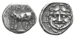 Mysia, Parion AR Hemidrachm. Mysia, Parion AR Hemidrachm. 4th C. BC. Gorgoneion / Bull standing l., head r.; below, grain ear r. SNG BnF 1373; BMC 23. 2.37g, 13mm, 7h. Toned VF