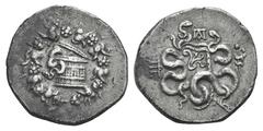 Mysia, Pergamon AR Cistophoric Tetradrachm. Mysia, Pergamon AR Cistophoric Tetradrachm. c. 123-104. Cista mystica with serpent; all within ivy wreath / Two serpents entwined around bow and bowcase; Mo