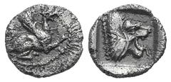 Troas, Assos AR Hemiobol. Troas, Assos AR Hemiobol. c. 479-450. Griffin walking r. / Lion's head r. within incuse square. Cf. Traité pl. CLXIII, 26 (obol). 0.25g, 8mm, 6h. Toned, good VF