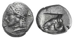Troas, Kebren AR Triobol. Troas, Kebren AR Triobol. 5th C. BC. Head of Apollo l. / Head of ram l. in incuse square. SNG vA 1546; SNG Ashmolean 1086. 1.25g, 10mm, 9h. Fine late archaic style, good VF