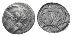 Aiolis, Elaia AR Diobol. Aiolis, Elaia AR Diobol. c. 450-400. Helmeted head of Athena l. / Laurel wreath within incuse square. Cf. SNG Copenhagen 166. 0.93g, 11mm, 6h. Toned VF