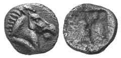 Ailolis, Kyme AR Tetartemorion. Ailolis, Kyme AR Tetartemorion. c. 500-450. Horse’s head l. / Four-part incuse square. Klein 332; MM list 549, 1991, 49. 0.22g, 7mm. Toned EF