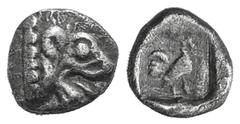 Ionia AR Hemiobol. Ionia AR Hemiobol. Uncertain mint, 6th C. BC. Head of lion r. / Cock r. in incuse square. SNG vA 7804. 0.27g, 6mm, 4h. Toned VF