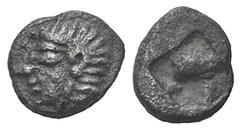 Ionia, Kolophon AR Hemiobol. Ionia, Kolophon AR Hemiobol. late 6th C. Archaic head of Apollo l. / Quadripartite incuse square. SNG Kayhan 342. 0.38g, 7mm. Dark tone, good VF