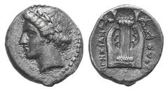 Ionia, Kolophon AR Diobol. Ionia, Kolophon AR Diobol. c. 350-330. Egesianx, magistrate. Laureate head of Apollo l. / Lyre. Kinns 107 var. (bronze); Milne, Colophon 134 (same); cf. CNG 239, lot 150. 0.