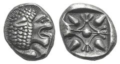 Ionia, Miletos AR Diobol. Ionia, Miletos AR Diobol. late 6th-early 5th C. BC. Forepart of lion l., head turned back / Stellate design within square incuse. SNG Kayhan 462-475. 1.15g, 9mm. Dark tone, E