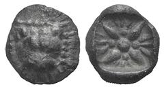 Ionia, Miletos AR Tetartemorion. Ionia, Miletos AR Tetartemorion. late 6th-early 5th C. Lion’s head facing / Floral or stellar pattern. 0.28g, 7mm. Toned VF
