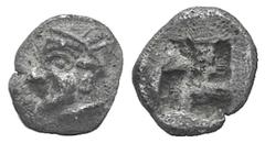 Ionia, Phokaia AR Tetartemorion. Ionia, Phokaia AR Tetartemorion. Late 6th C. BC. Archaic head of Athena(?) l. / Four-part incuse punch. Cf. SNG Kayhan 522 (Diobol). 0.18g, 6mm. Rare. Toned VF