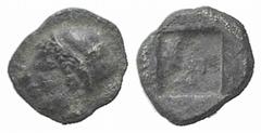 Ionia, Phokaia AR Tetartemorion. Ionia, Phokaia AR Tetartemorion. late 6th C. BC. Archaic head of Athena(?) l. / Four-part incuse punch. Cf. SNG Kayhan 522 (Diobol). 0.13g, 6mm. Rare. Toned VF