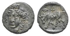 Ionia, Phygela AR Hemiobol. Ionia, Phygela AR Hemiobol. c. 400-350. Head of Artemis Munychia facing slightly l. / Bull butting l., palm and cross above. Klein 457. 0.39g, 8mm, 1h. Rare. Toned EF