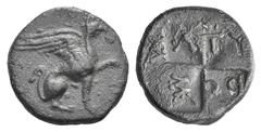 Ionia, Teos AR Diobol. Ionia, Teos AR Diobol. c. 400-375. Atydos, magistrate. Griffin seated r., forepaw raised / Quadripartite incuse square. 0.97g, 11mm. Toned, good VF