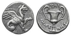 Ionia, Teos AR Hemidrachm. Ionia, Teos AR Hemidrachm. c. 370-340. Diogenes, magistrate. Griffin seated r., l. paw raised / Kantharos. SNG Copenhagen 1445; SNG vA 8019. 1.30g, 11mm, 12h. Toned VF