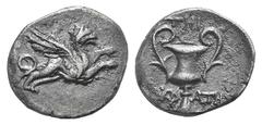 Ionia, Teos AR Hemidrachm. Ionia, Teos AR Hemidrachm. c. 370-340. Sokrates, magistrate. Griffin flying r. / Kantharos. Cf. SNG Copenhagen 1446-9. 1.38g, 13mm, 8h. Toned VF