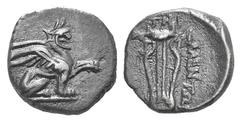 Ionia, Teos. AR Diobol. Ionia, Teos. AR Diobol. c. 320-294. Mentor, magistrate. Griffin seated r., forepaw raised / Chelys. Kinns 95 var. (magistrate’s name down l. field). 0.95g, 11mm, 12h. Toned VF