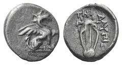 Ionia, Teos AR Diobol. Ionia, Teos AR Diobol. c. 320-294. Alypion, magistrate. Griffin seated r., forepaw raised / Chelys. Kinns 97. 0.94g, 10mm, 12h. Toned VF