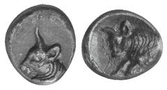 Karia AR Hemiobol. Karia AR Hemiobol. Uncertain mint, c. 5th C. BC. Bull’s head l. / Forepart of a bull l., in incuse square. Unpublished in the standard references, cf. SNG Keckman 975 (Obol). 0.39g,