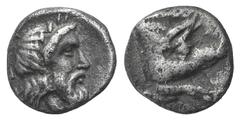 Karia, Euromos AR Hemiobol. Karia, Euromos AR Hemiobol. 5th C. BC. Forepart of boar r. / Laureate, bearded head r. within incuse square. Cf. Ashton-Kinns II, 5. 0.50g, 7mm, 12h. Toned, VF