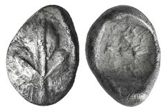 Islands off Karia, Rhodos, Kameiros AR Hemiobol. Islands off Karia, Rhodos, Kameiros AR Hemiobol. c. 500-460. Fig leaf / Square incuse with irregular surfaces. Cf. SNG Keckman 322-3; SNG vA 2781. 0.83