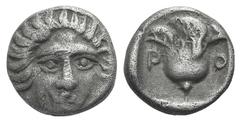 Islands off Karia, Rhodos AR Hemidrachm. Islands off Karia, Rhodos AR Hemidrachm. c. 408/7-390. Head of Helios facing slightly r. / Rose within incuse square. Ashton 19; SNG Copenhagen 725. 1.82g, 11m
