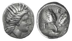 Islands off Karia, Rhodos AR Diobol. Islands off Karia, Rhodos AR Diobol. c. 250. Radiate head of Helios r. / Two rose buds; E above. Cf. SNG Copenhagen 743 (symbol above). 1.16g, 9mm, 12h. Lightly to