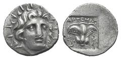 Islands off Karia, Rhodos AR Hemidrachm. Islands off Karia, Rhodos AR Hemidrachm. c. 170-150. Artemon, magistrate. Radiate head of Helios facing slightly r. / Rose with bud to r.; aphlaston to l.; all