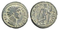 Lydia, Sala Æ22. Lydia, Sala Æ22. c. AD 161-180. Draped bust of the Senate r. / Dionysos standing r., holding grape cluster in r. hand, l. hand resting on cantharus set on column. SNG Copenhagen 428; 