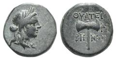 Lydia, Thyateira Æ14. Lydia, Thyateira Æ14. 2nd C. BC. Laureate head of Apollo r. / Labrys; monogram to r. (?). Cf. SNG Copenhagen 570; SNG vA 3200-1. 3.56g, 14mm, 12h. Dark patina, VF