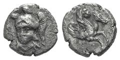 Cilicia, uncertain mint. AR Hemiobol. Cilicia, uncertain mint. AR Hemiobol. 4th C. BC. Head of Athena facing slightly l., wearing triple-crested helmet / Forepart of Pegasos r. Umpublished in the stan