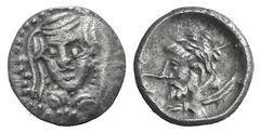 Cilicia, uncertain mint. AR Hemiobol Cilicia, uncertain mint. AR Hemiobol 4th C. BC. Facing veiled female bust / Bust of Herakles l. Troxell-Kagan 21; Klein 644. 0.29g, 8mm, 6h. Toned VF