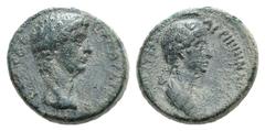 Claudius and Agrippina Æ19 of Thyatira, Lydia. Claudius and Agrippina Æ19 of Thyatira, Lydia. 41-54. Bare head r. / Draped bust of Agrippina r. RPC 2380; BMC 57. 5.07g, 19mm, 12h. Dark green patina, V