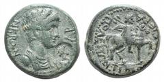 Nero Æ19 of Mostene, Lydia. Nero Æ19 of Mostene, Lydia. 54-68. Laureate head r.; c/m: female head r.; c/m: radiate head r. / Hero on horseback r. RPC 2462. 6.81g, 19mm, 12h. Green patina, VF
