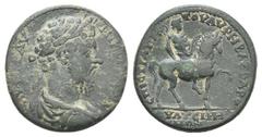 Marcus Aurelius Æ of Thyateira, Lydia. Marcus Aurelius Æ of Thyateira, Lydia. 161-188. . Laureate, draped and cuirassed bust r. / Apollo, holding double-headed axe (labrys), on horseback r. 22.03g, 6h