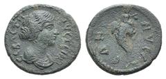 Faustina Junior Æ21 of Nysa, Lydia. Faustina Junior Æ21 of Nysa, Lydia. 147-175. Draped bust r. / Child seated r. on cornucopia. BMC 179. 5.55g, 21mm, 6h. Dark patina, VF