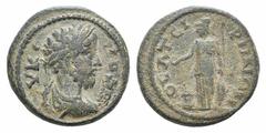 Commodus Æ19 of Thyateira, Lydia. Commodus Æ19 of Thyateira, Lydia. 177-192. Laureate, draped and cuirassed bust r. / Athena standing l. holding patera over altar and spear; shield to r. 4.57g, 19mm, 