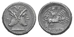 Anonymous AR Didrachm or Quadrigatus. Anonymous AR Didrachm or Quadrigatus. Rome, c. 225-212. Janiform head of Dioscuri / Jupiter, hurling thunderbolt and holding sceptre, in galloping quadriga driven