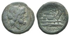 ROMA series Æ Semis. ROMA series Æ Semis. South-East Italy, c. 211-210. Laureate head of Saturn r. / Prow r.; monogram before. Crawford 84/5. 17.29g, 27mm, 3h. Green patina, F-VF