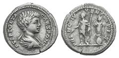Geta, as Caesar, AR Denarius. Geta, as Caesar, AR Denarius. Rome, 200-202. Bareheaded and draped bust r. / Geta standing l., holding baton and sceptre; trophy to r. RIC 18; RSC 157b. 3.22g, 19mm, 12h.