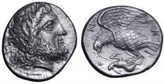 Bruttium, Lokroi Epizephyrioi AR Didrachm. Bruttium, Lokroi Epizephyrioi AR Didrachm. Circa 400-350 BC. Laureate head of Zeus right; thunderbolt behind / Eagle flying left, holding hare in its talons.