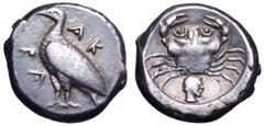 Sicily, Akragas AR Didrachm. Sicily, Akragas AR Didrachm. Circa 485-470 BC. Sea eagle standing left, AKRA around / Crab, small male head below to right, all within shallow incuse circle. SNG ANS 958 v