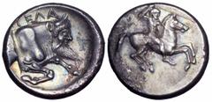 Sicily, Gela AR Didrachm. Sicily, Gela AR Didrachm. Circa 490-480 BC. Man-headed bull to right with long beard, ΓΕΛΑ above / Nude horseman galloping right, wearing crested helmet and brandishing spear