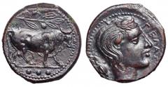 Sicily, Gela Æ Tetras. Sicily, Gela Æ Tetras. Circa 420-405 BC. Bull standing left, olive-branch above, three pellets in exergue / Head of young river-god right, ΓΕΛΑΣ before. SNG ANS 119-122; Calciat