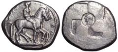 Sicily, Syracuse AR Didrachm. Sicily, Syracuse AR Didrachm. First Democracy, circa 510-490 BC. Nude rider on horseback walking to right, leading a second riderless horse by the reins on the far side o