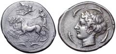 Sicily, Syracuse AR Tetradrachm. Sicily, Syracuse AR Tetradrachm. Second Democracy, circa 415-405 BC. Unsigned work by Sosion. Charioteer driving galloping quadriga left, holding kentron in right hand