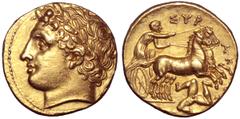 Sicily, Syracuse AV Dekadrachm. Sicily, Syracuse AV Dekadrachm. Agathokles, circa 317-310 BC. Laureate head of Apollo left, ear of barley behind / Charioteer driving galloping biga to right, holding r