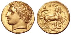 Sicily, Syracuse AV Dekadrachm. Sicily, Syracuse AV Dekadrachm. Agathokles, circa 317-310 BC. Laureate head of Apollo left, ear of barley behind / Charioteer driving galloping biga to right, holding r