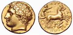 Sicily, Syracuse AV Dekadrachm. Sicily, Syracuse AV Dekadrachm. Agathokles, circa 317-310 BC. Laureate head of Apollo left, ear of barley behind / Charioteer driving galloping biga to right, holding r