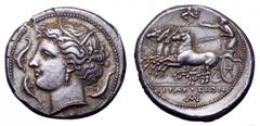 Sicily, Syracuse AR Tetradrachm. Sicily, Syracuse AR Tetradrachm. Agathokles, circa 317-310 BC. Head of Arethusa left, wearing grain wreath, pearl necklace and triple pendant earring; ΦI below neck tr