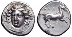 Thessaly, Larissa AR Drachm. Thessaly, Larissa AR Drachm. Circa 400-380 BC. Head of the nymph Larissa facing, turned slightly to left, wearing plain necklace / Bridled horse prancing right, rein trail